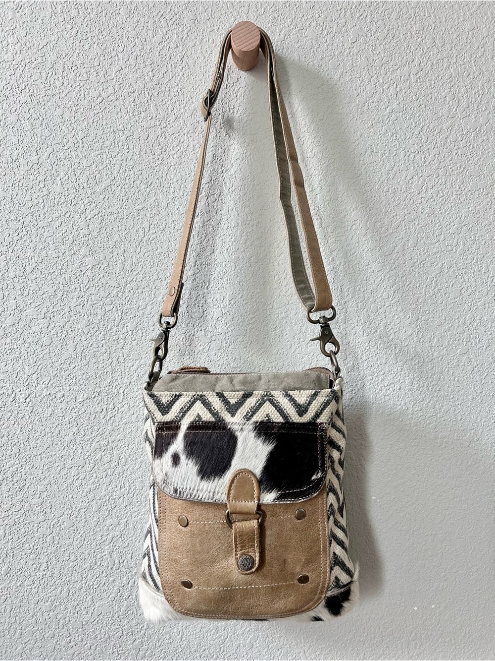 Myra Approach Crossbody Bag Chevron Rug Design and Genuine Cowhide Patchwork